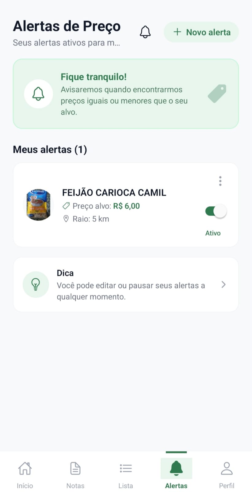 Tela de alertas de preço no app QRPoupe