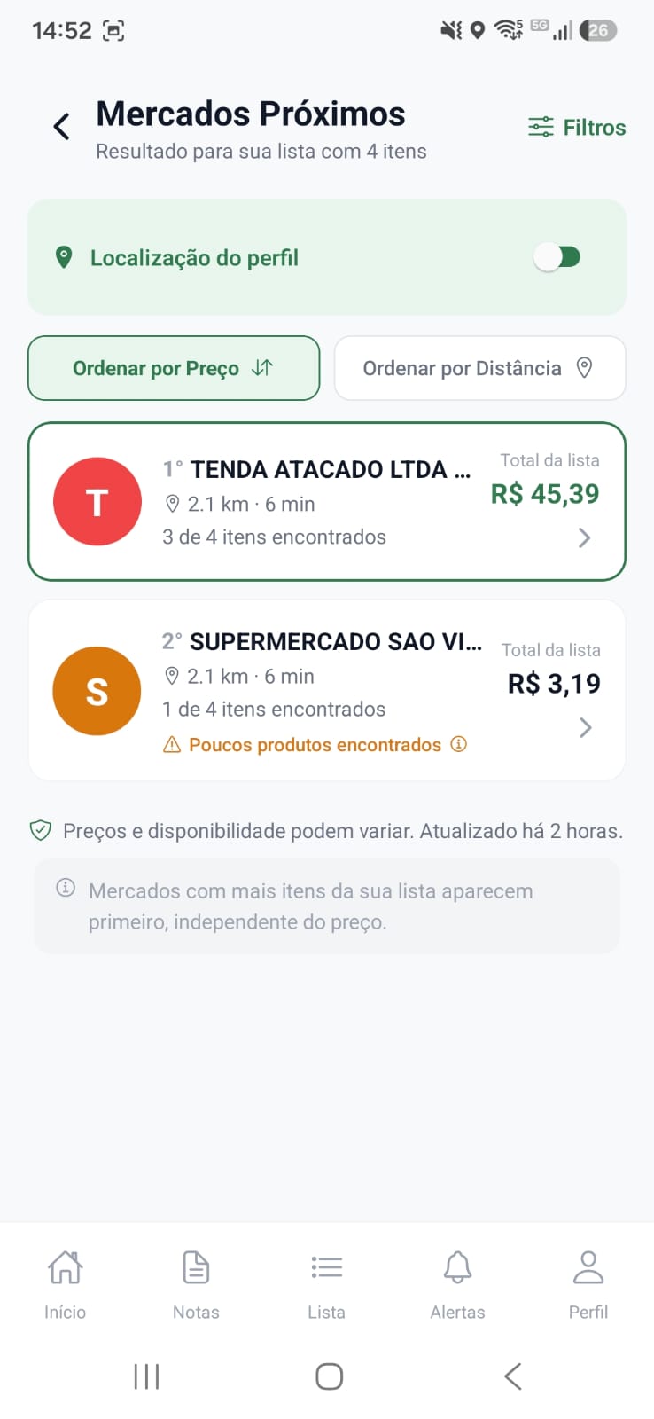 Tela de mercados próximos no app QRPoupe